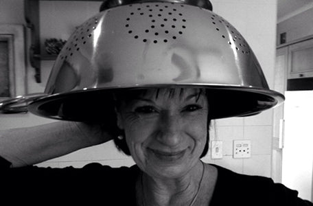 A cute picture of our mother wearing a massive colander